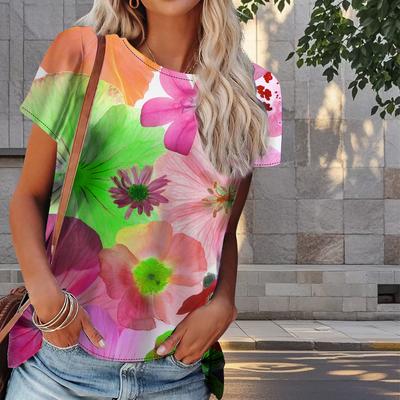 Damen Sommer T-Shirt Blumendruck Retro Mode Kurzarm T-Shirts Casual Printed Tops