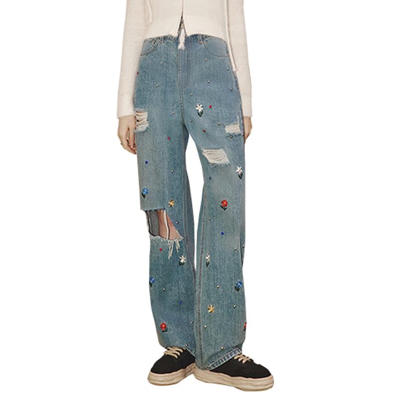 

UNIFREE Women s Graffiti Ripped Wide-Leg Jeans L