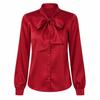 Women Ribbon Spot Satin Long Sleeve French Style Elegant Blouse