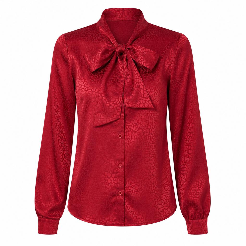 Women Ribbon Spot Satin Long Sleeve French Style Elegant Blouse