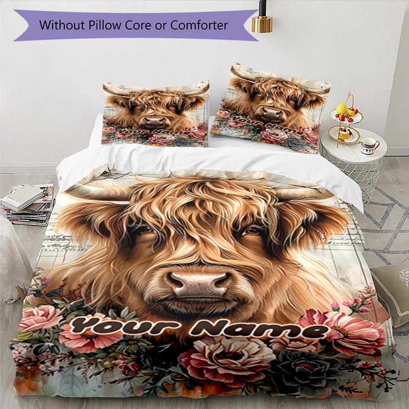 3PC Custom Name Highland Cow Floral Art Bedding Set Printed Bedding Set Duvet Cover Closure Includes 1 Duvet Cover & 2 Pillowcases for All Seasons Bed