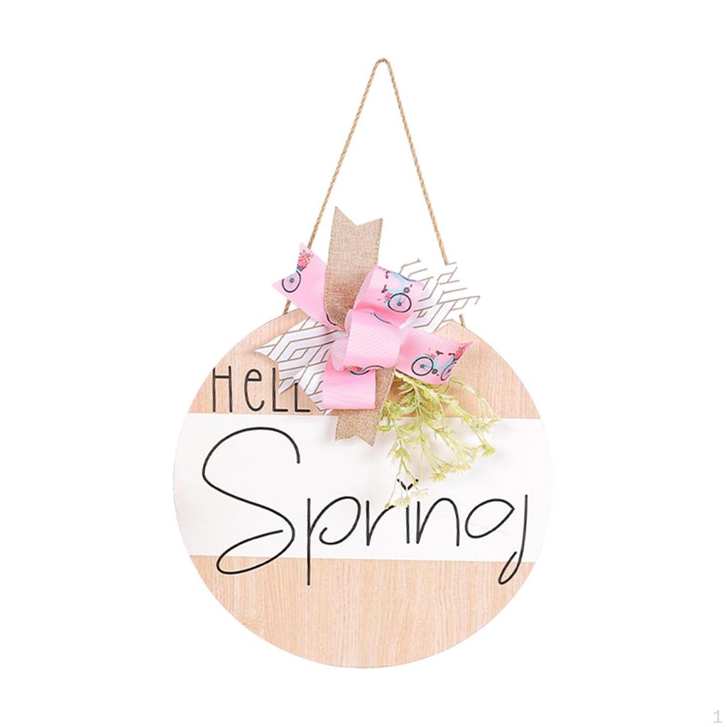 Hello Spring Wooden Hanging Sign Wall Art Decoration with Bowknot Wood Front Door for