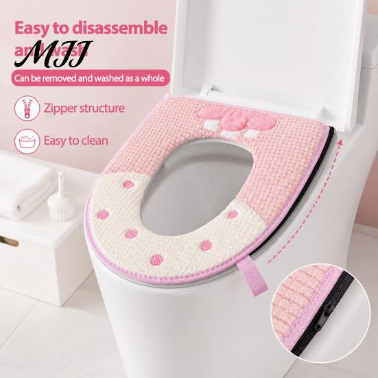 U-shaped Washable Toilet Cover Soft Plush Seat Cover, Thick Bathroom Pad with Zipper And Cute Cartoon Protector Handle, Warm Skin-Friendly Cushion for