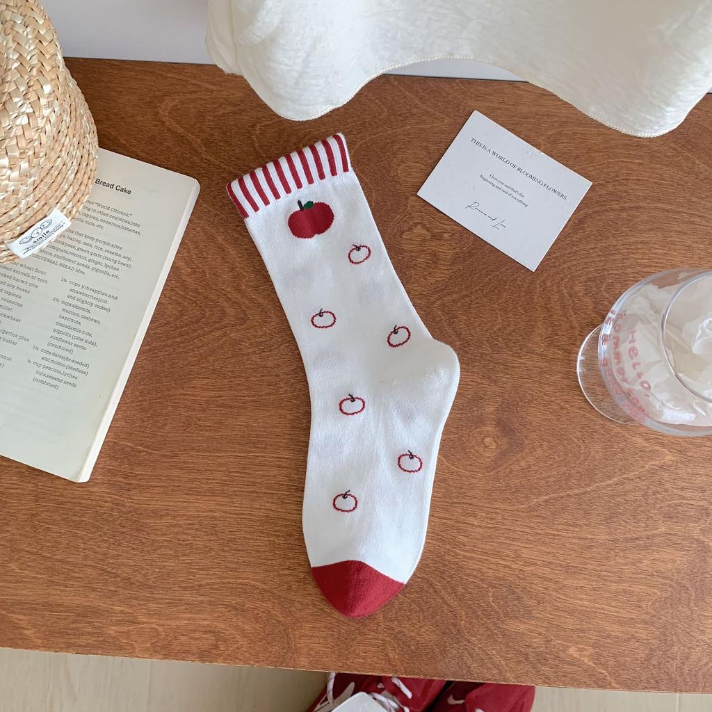 Bow Socks Mid-Leg Socks Trendy Summer Thin Korean Cartoon Red Apple Cotton Stacked Stockings