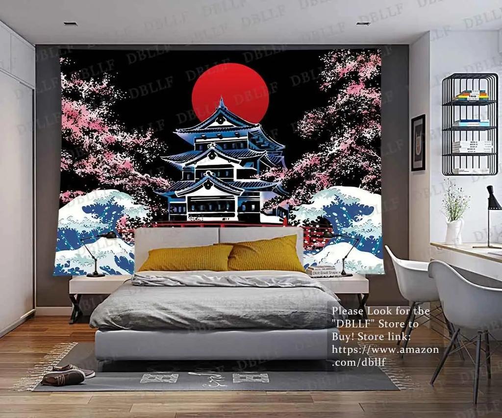 Japanese Style Tapestry Wall Hanging Great Wave Banner Background Tokyo Red Sun Cherry Blossoms Scenery Mural Wall Art
