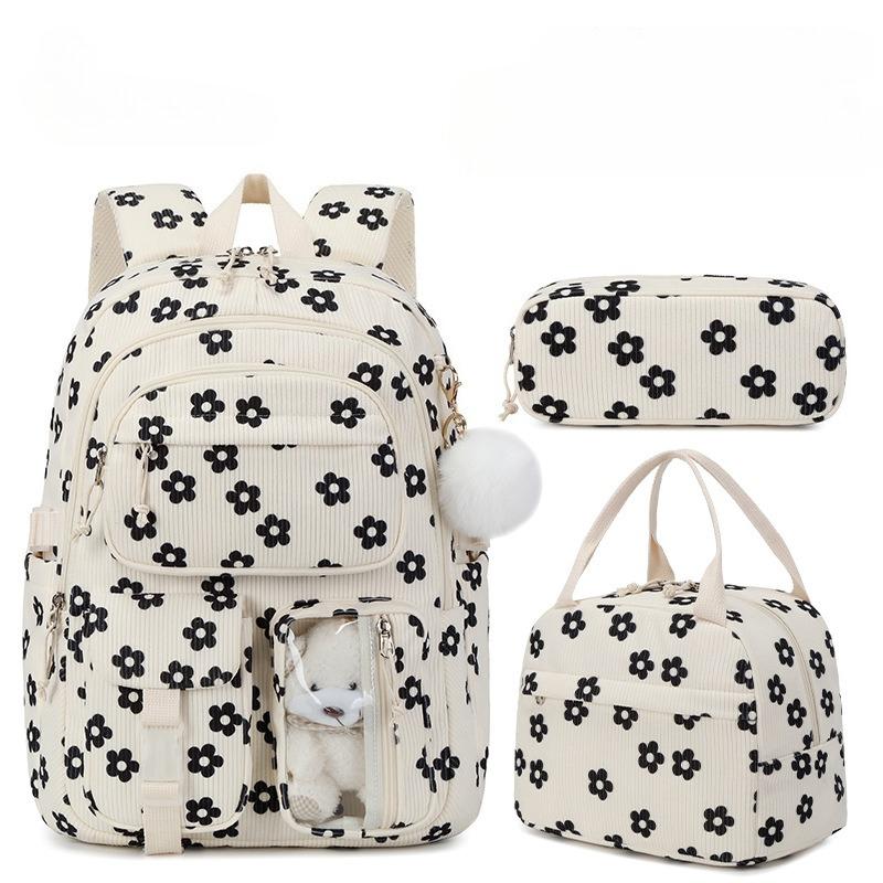 Set de 3 pièces Sac à dos d'école en velours côtelé avec sac à lunch trousse à crayons Sac d'école mignon pour fille Sac à livres Fraise Sac à dos pour adolescents Femmes