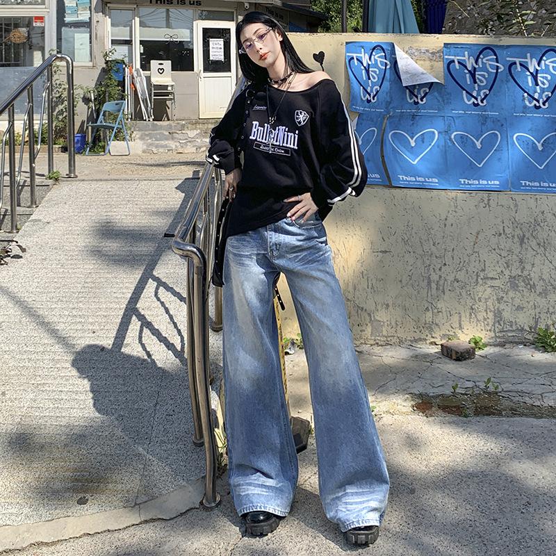 

Women s High-Waisted Blue Fleece-Lined Wide-Leg Jeans, 2025 Autumn/Winter, Loose Fit, Slimming, Floor-Length. Medium