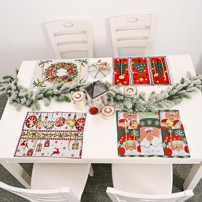 Knitted Christmas Placemat Set: Santa, Deer, Tree Insulation Pads for Festive Table Décor.