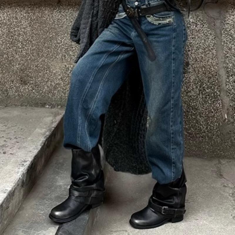 Western Cowboy Boots Women Fall New Round Toe Metal Belt Buckle Pleated Stack Vintage Block Heel Shortho Boots