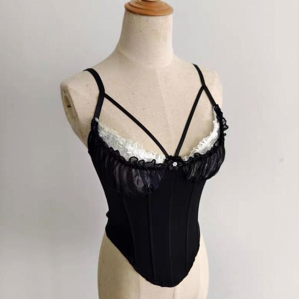 Ruffle Lace Corset Buckle Suspender Vest Spicy Girl Style Lace Flower Camisole  Spring Summer