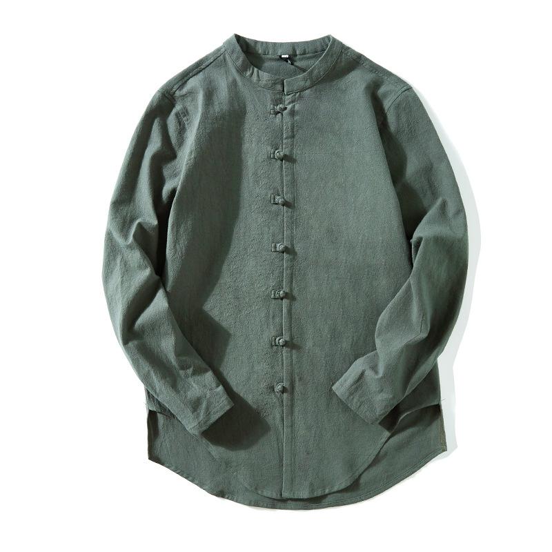 Jarní lněné košile Muži Čínský styl Retro košile s dlouhým rukávem a zapínáním na knoflíky Jednobarevné Stojací límečky Volné Topy velkých velikostí