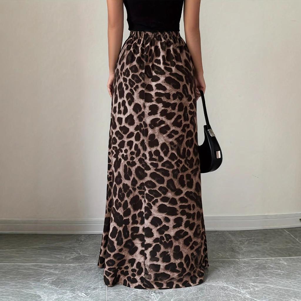Retro High-end Fashion Leopard Print Skirt Women's Summer Temperament Leopard Print High Waist Thin A Word Medium and Long Skirt