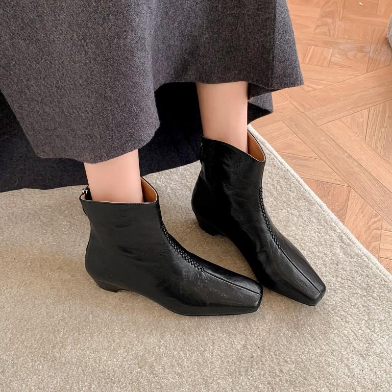 3.5CM Minimalist Elegant Ankle Boots Women Square Toe Chunky Heel Back Zip Short