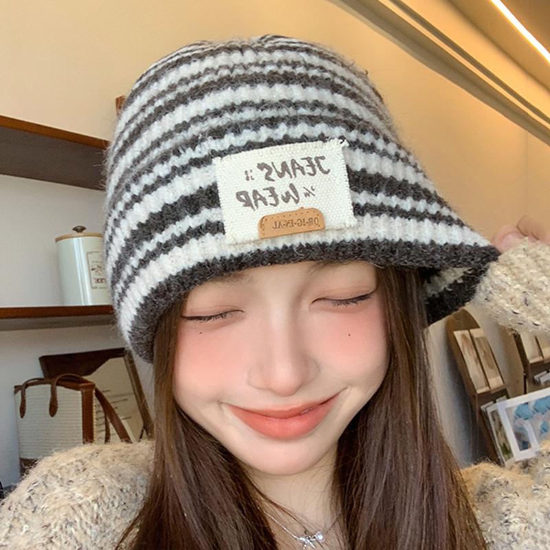 Autumn And Winter  Striped Versatile Korean Style  Large Head Circumference Wool Knitted Hat Pullover Hat For Women