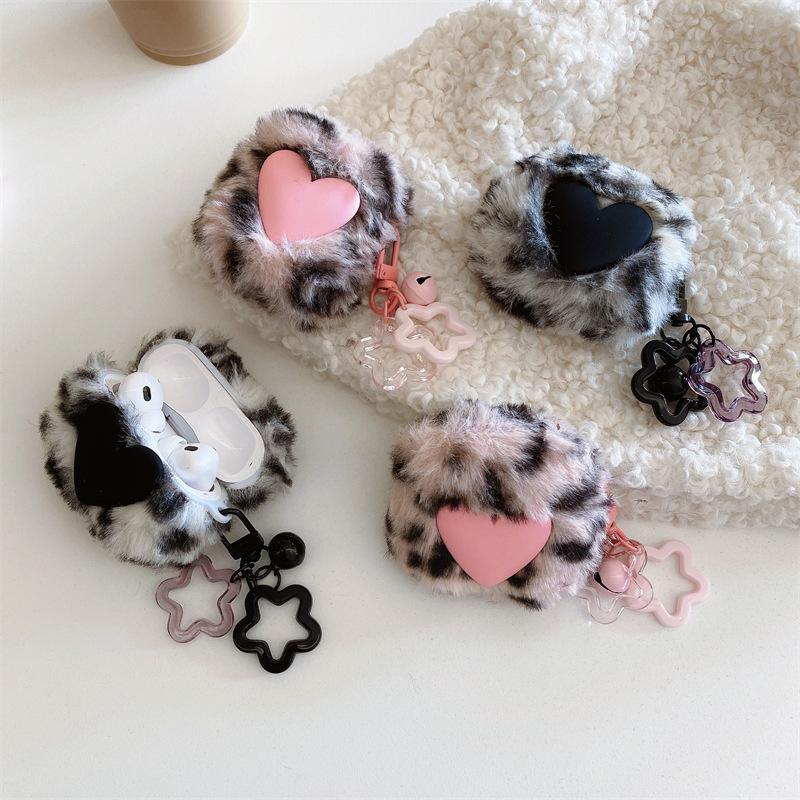 Plush Leopard Print Heart Case Suitable for AirPods Pro 1st Gen Pro 1st Gen Pro 1 Apple Bluetooth Earphone Case for Women