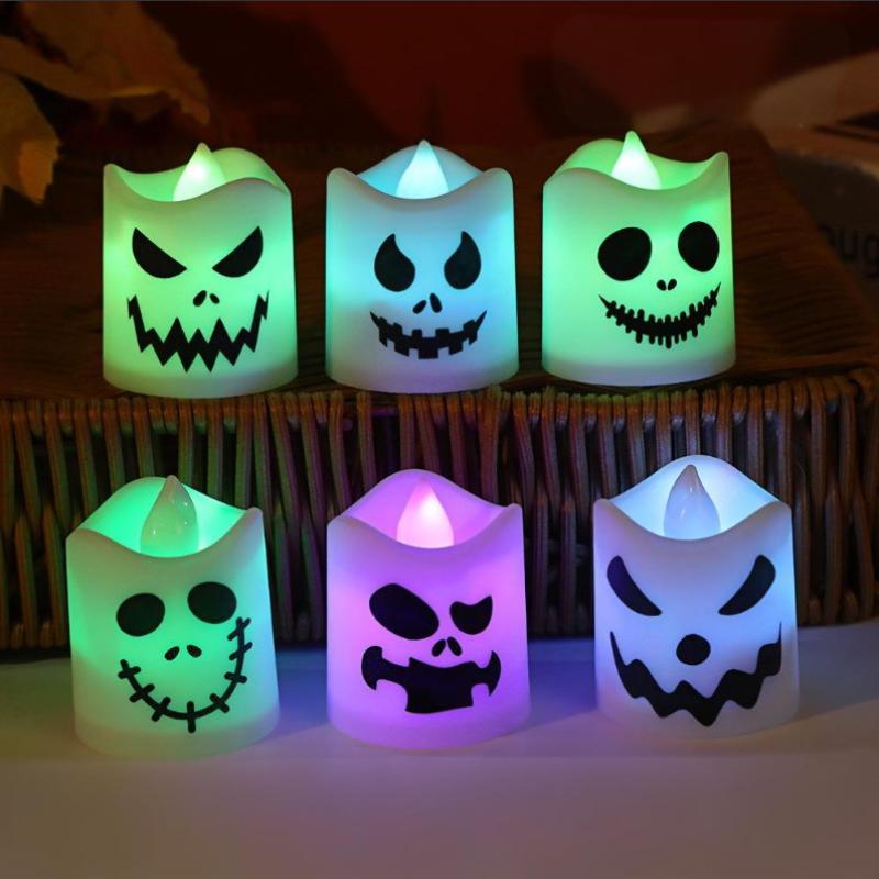 6Pcs Halloween Pumpkin Ghost Candle Lights, Color Glowing Lamp Spooky Haunted House Props For Party Home Bar Horror Themed Decor