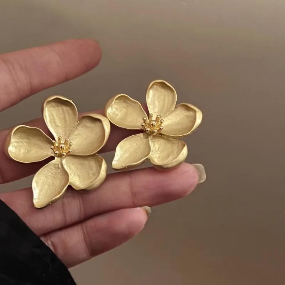 Gold Color Matte Texture Metal Flower Earrings for Women Girls Exaggerated Fashion Party Zircon Gifts