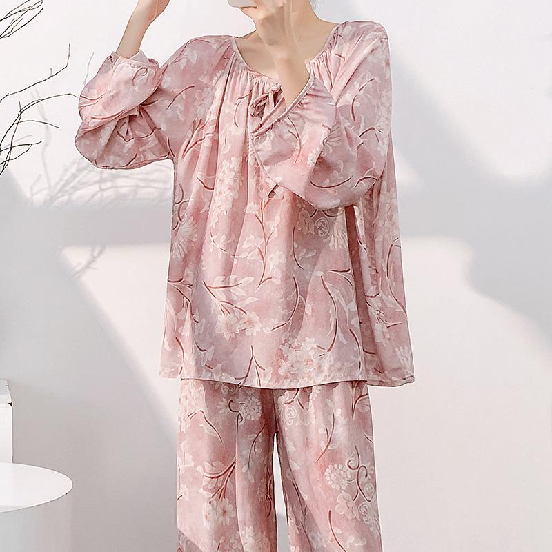 Cotton silk pajamas women's spring summer thin long-sleeved trousers floral round neck cotton pullover breathable loungewear set autumn