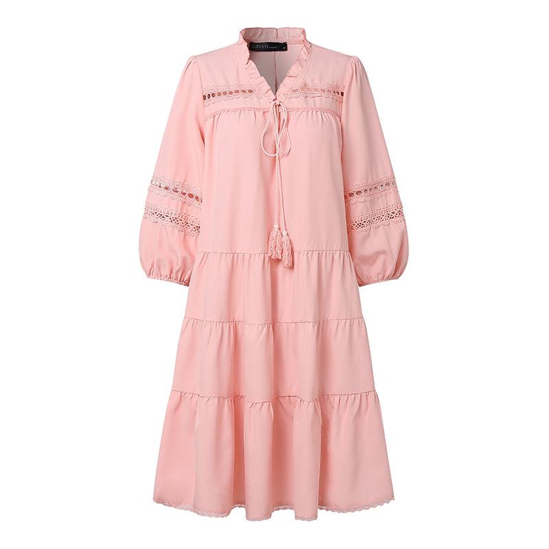 ZANZEA Women V-neck 3/4 Sleeve Loose Casual Bohemian Dress