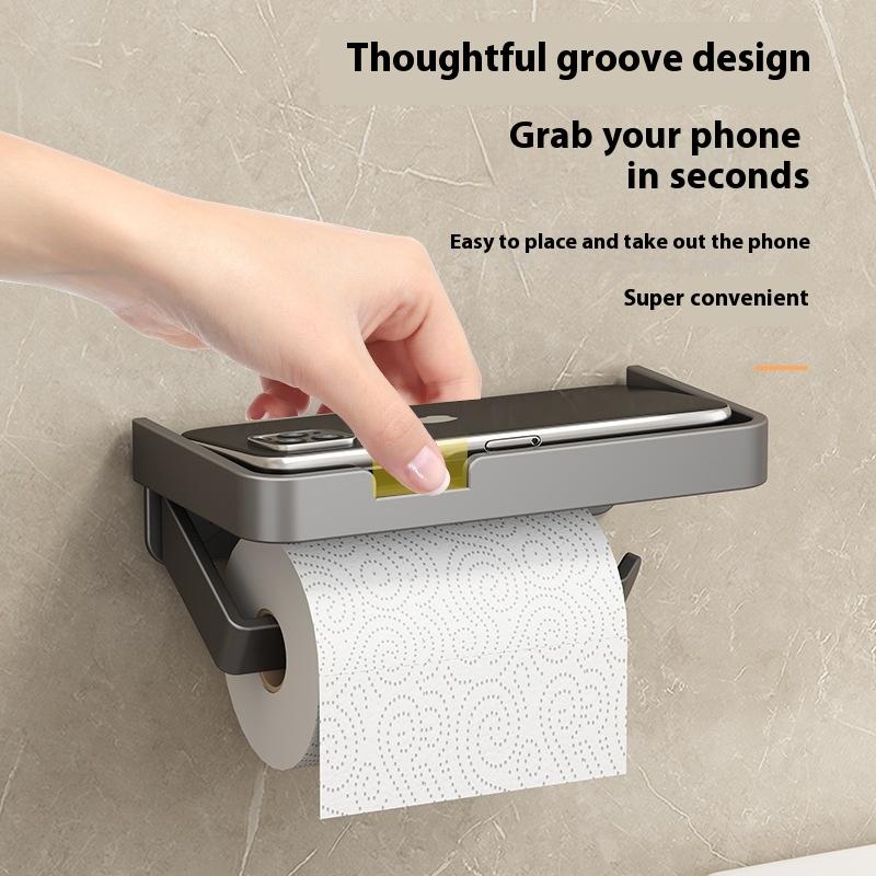 Toilet Paper Holder with Phone Shelf, No Drill Adhesive Wall Mount, Bathroom Tissue Dispenser & Storage Organizer