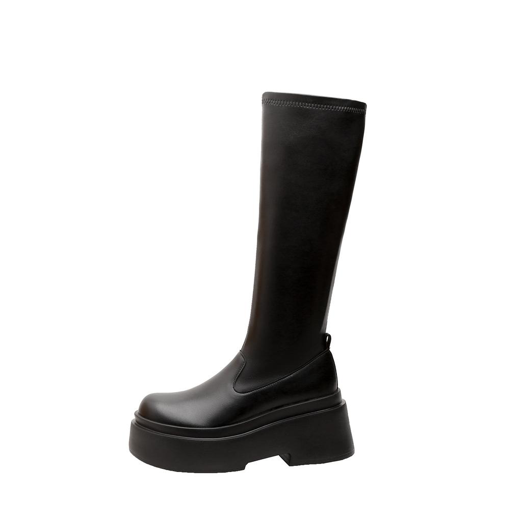 Women's leather boots new heightened thick-soled elastic thin boots but knee-high knight boots Spice girls high-heeled boots women