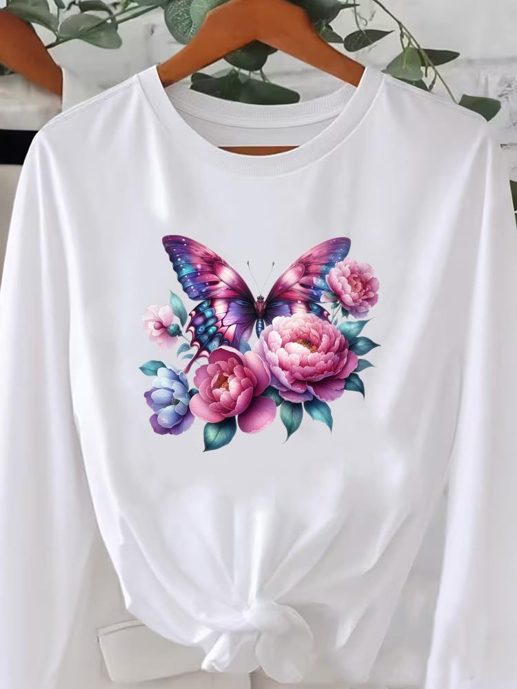 (Asian Size) Women o-neck Print T Shirt Casual butterfly cute Clothing Graphic Tee autumn winter spring Fashion Top Long Sleeve T-shirts