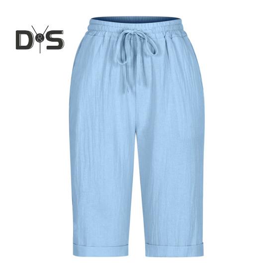 Women Summer Shorts Elastic Waistband Adjustable Drawstring Casual Pants with Pockets Solid Color Loose Fit Knee-length Pants