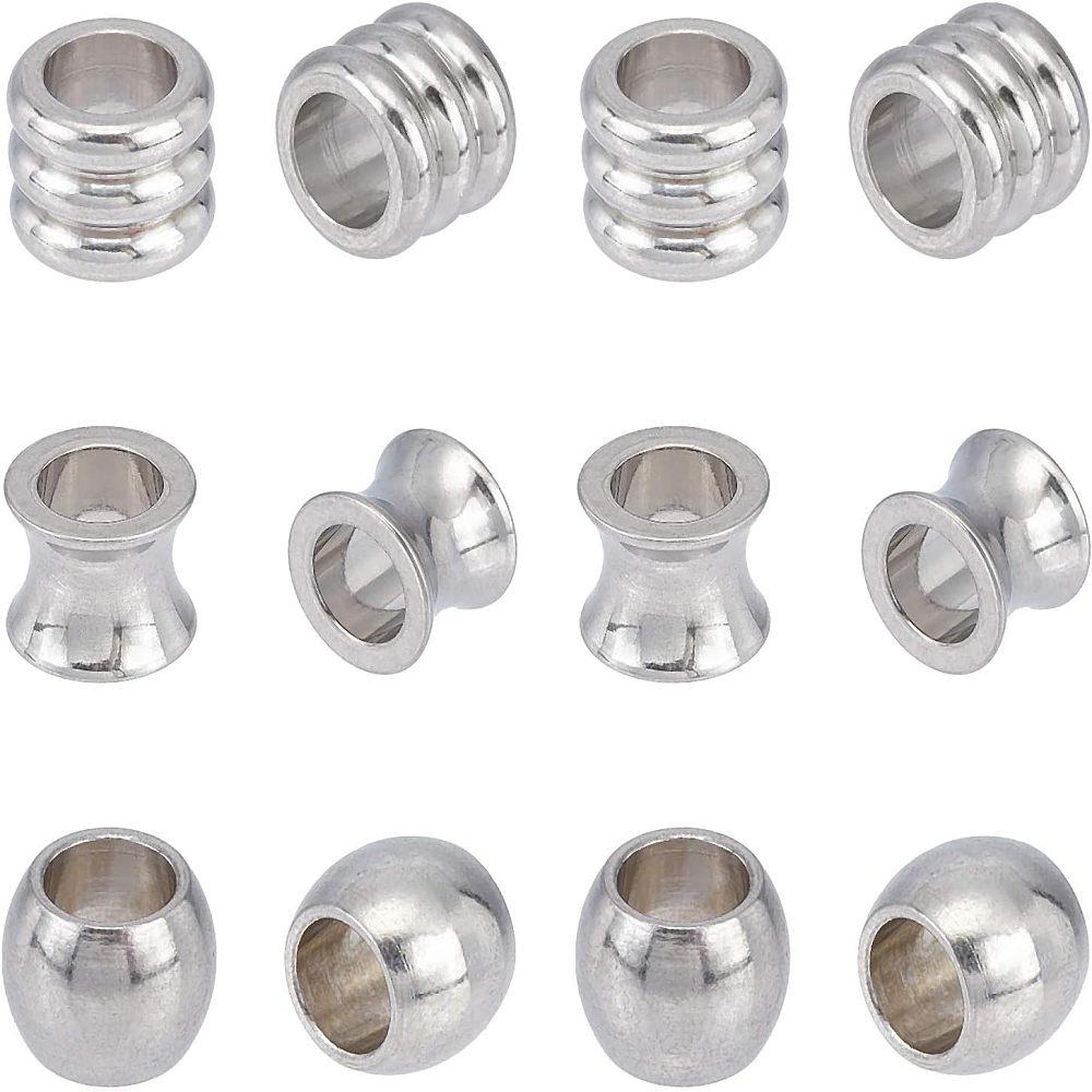 304 Stainless Steel European Beads, Large Hole Beads, Vase/Column/Barrel, Stainless Steel Color, 10x8mm, Hole: 6mm, 3 shapes, 10pcs/shape, 30pcs/box