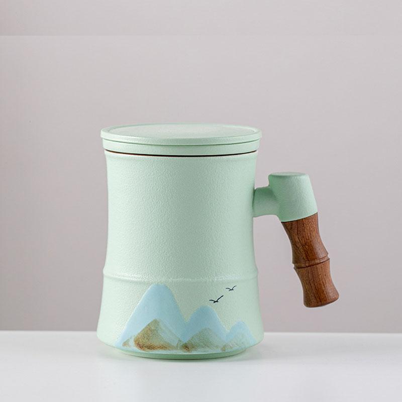 400ml Ceramic Tea Mug with Infuser and Lid for Loose Leaf Tea Steeper Mug with Wood Handle Mugs Tea Lovers Gifts