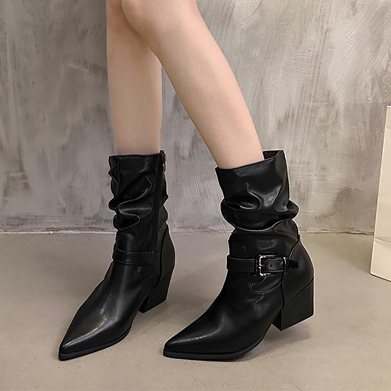 Leather Women Snow Mid Calf Boots Pointed Toe Mid Heels Shoes Woman 2025 Trend Winter Fad Chelsea Boots Pumps New Mujer Botas
