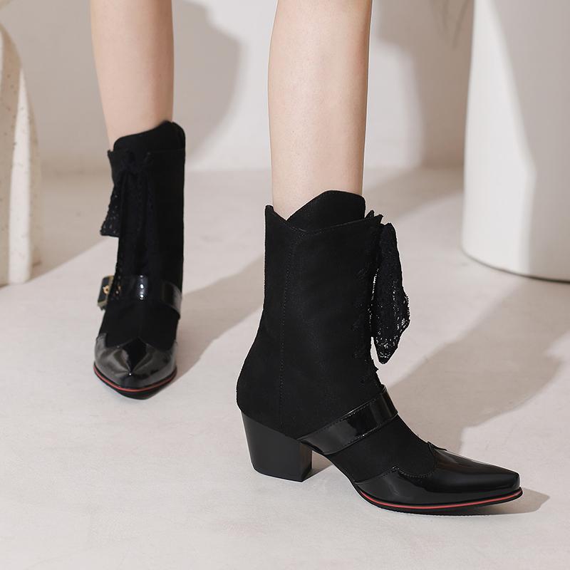 2025 Plus Size Peacock Printed Floral Fabric Patchwork Patent Leather Lace Up Women's Short Boots Belt Buckle Flower Ankle Boots