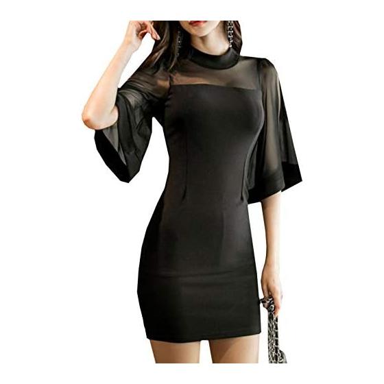 [Toa Soa] Tight Dress Women s High Neck See-Through Flare Sleeve
