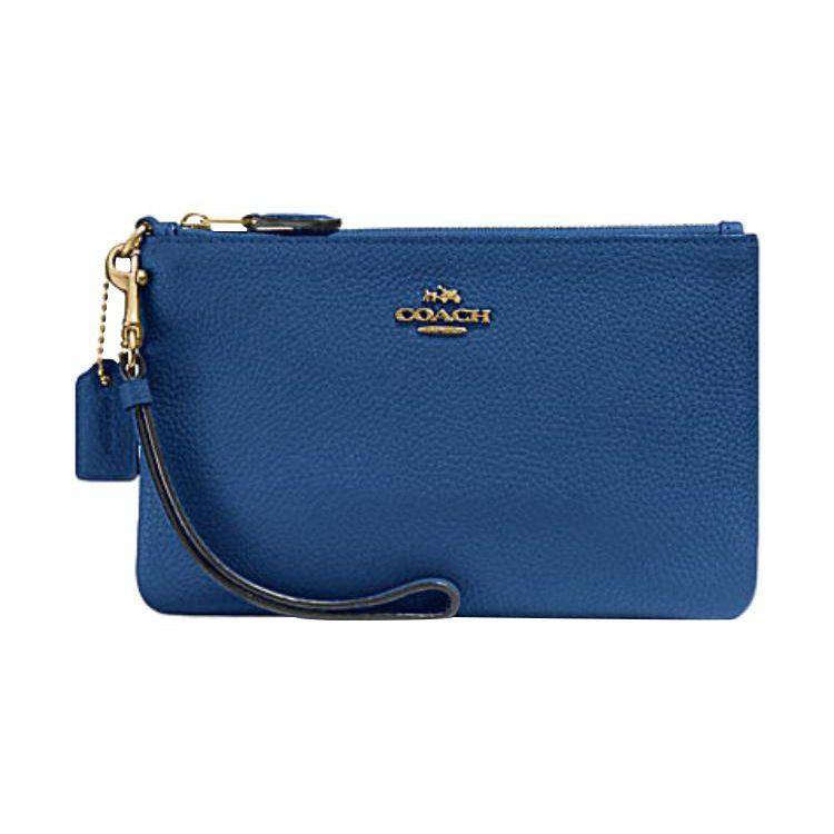 Coach Wristlet 19 Solid Color Zipper Closure Double Card Slot Leather Clutch Women clutch Blue 22952-B4P2U Basic Set (Bag+Dust Bag)
