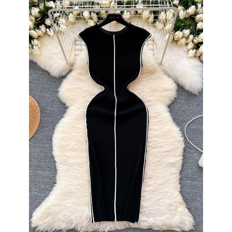 Temperament Goddess Style Fancy Knitting Dress Female Stylish Niche Style Silm Slim Looking Temperament Contrast Color Bodycon Dress