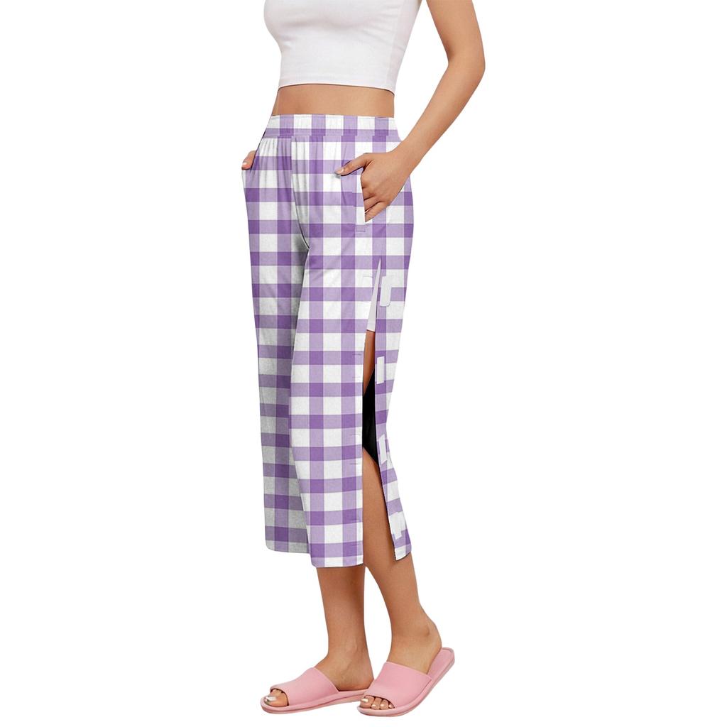 Pantaloni Capri da Donna per il Recupero Post-Chirurgico con Apertura Laterale, Vita Elastica, Leggeri, Comodi, Vestibilità Larga, Fantasia a Quadri