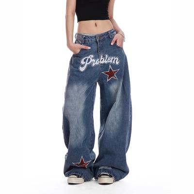 Vintage Spice Star Bestickte Weitbeinige Machete Jeans Damen Y2K Punk Stil Baggy Slim Joker Straight Mop Hosen