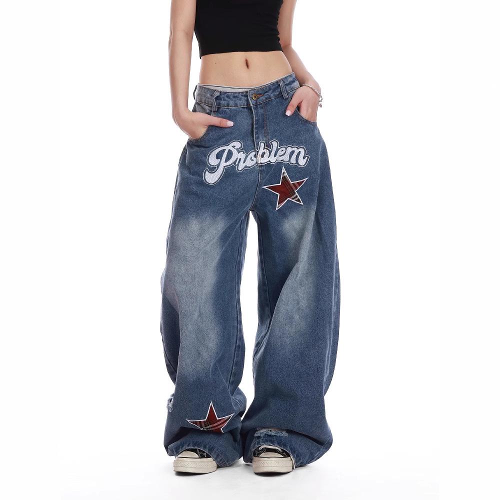 

Vintage Spice Star Embroidered Wide-leg Machete Jeans Female Y2K Punk Style Baggy Slim Joker Straight Mop Pants S