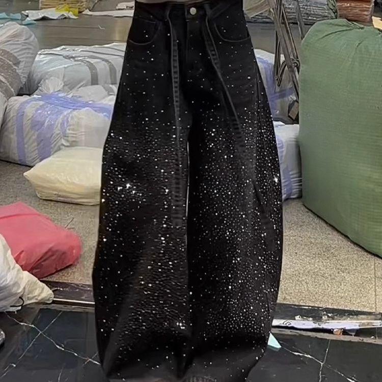 American Retro Rhinestone Jeans for Women Loose Fit Middle Waist Distressed Denim Pants with Flared Leg S