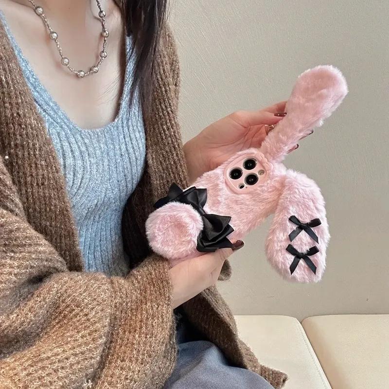 For IPhone17 16 Pro Max 15 14 13 12 11 Bow Tie Maid Bunny Plush Phone Case Fall Winter Cute Phone Protective Jacket