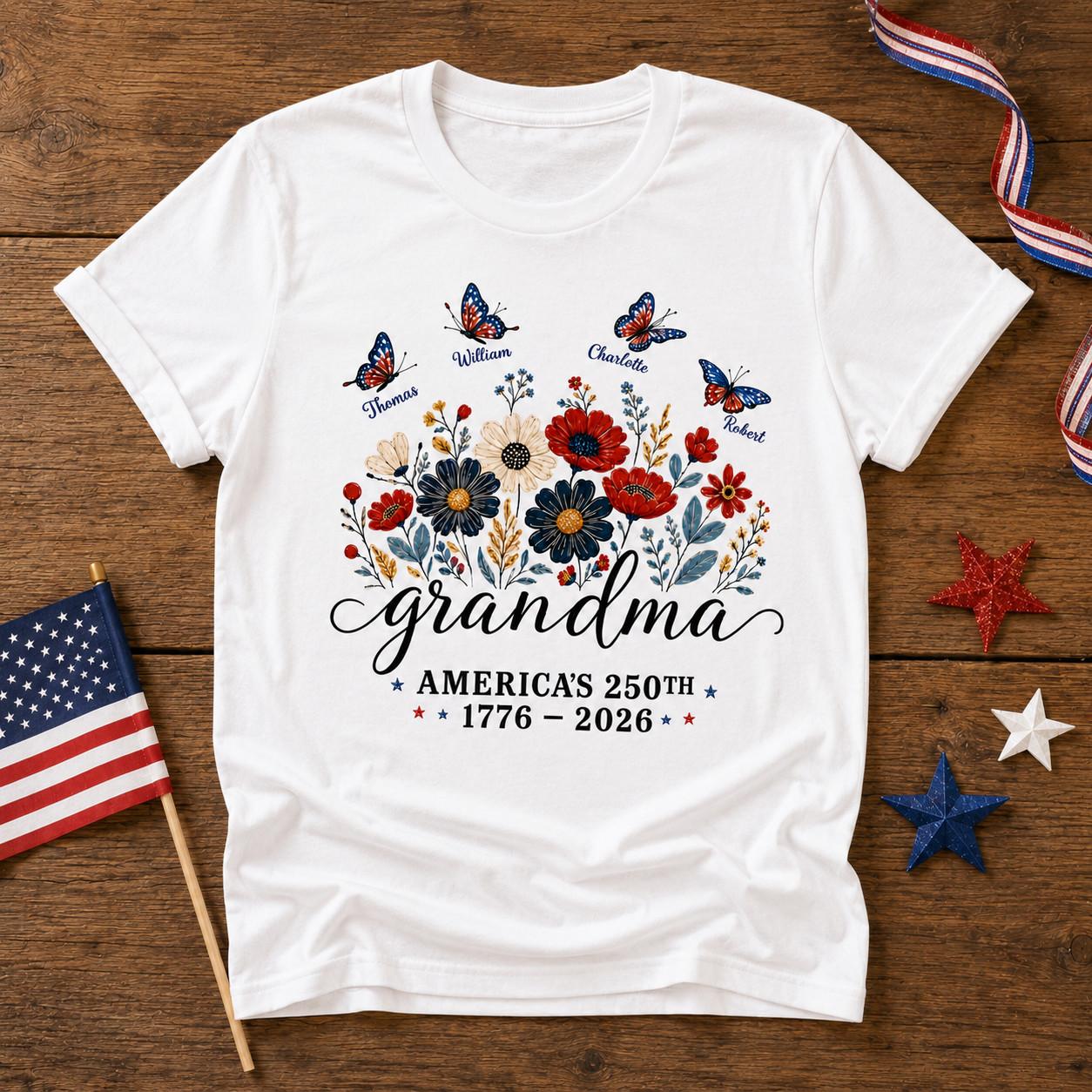 Custom Grandma America 250th Shirt, Patriotic Floral Butterfly Tee, 4th of July XXXXL