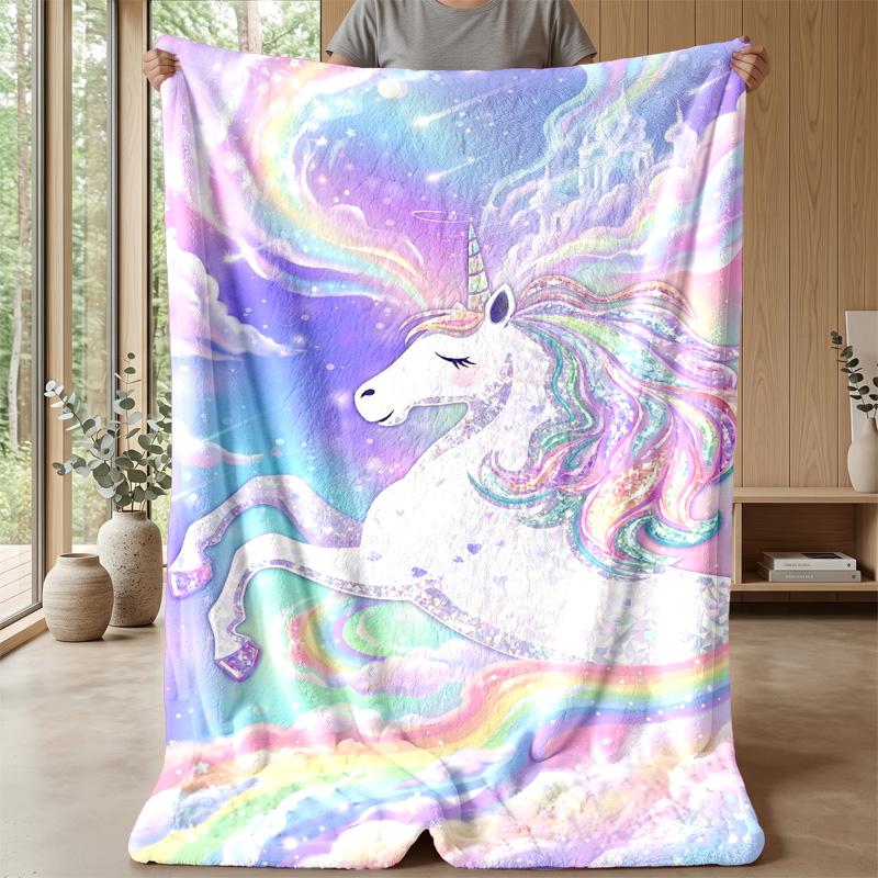 Rainbow Winged Unicorn Theme Blanket Lightweight Warm Flannel Blanket Decorative Throw Blanket for Home Decoration