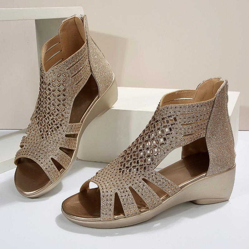 Fashion Summer Large Size Open Toe Diamond Wedge Sandals for Women New Round Head Hollow-out Non-slip Roman Shoes