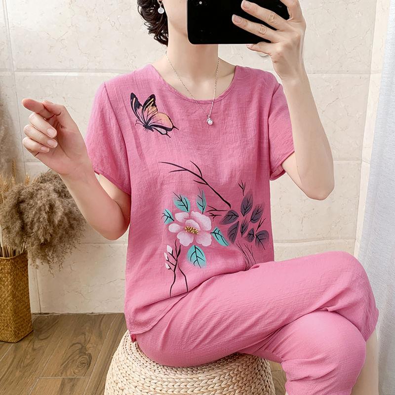 Sommer Kurzarm Set für Frauen mittleren und höheren Alters, Zweiteiliges Set, Dünner Stil