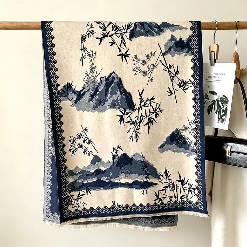 Double-Sided Women's Winter Ink Painting Snood: Imitation Cashmere Scarf for Air-Conditioned Rooms.