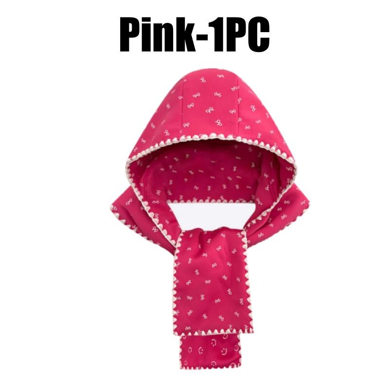 Korean Style Print Bow Hat Scarf Winter Warm Fleece Lined Cute Women Beanie Neck Warmer Integrated Fashion Accessory