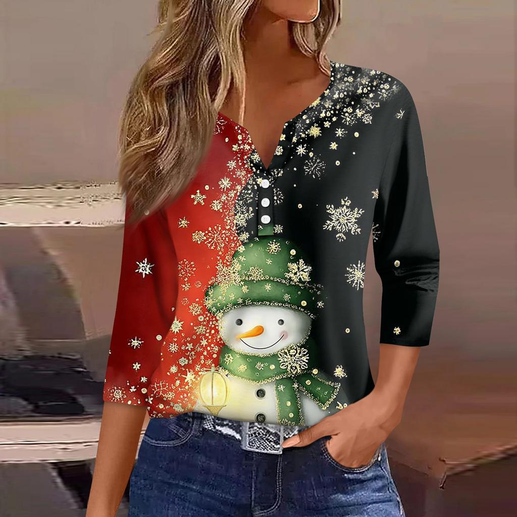 Women's T Shirt Tee Christmas Printed Button 3/4 Sleeve Tunic Daily Weekend Fashion Basic V- Neck Regular Top