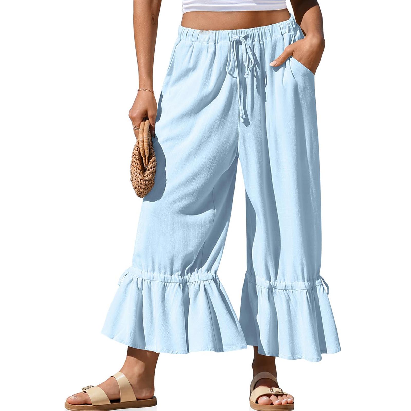 

Women Elastic High Waist Pant Casual Fit Wide Leg Long Pants Trousers With Pockets XL білий