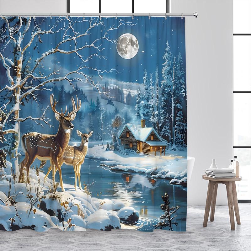 Winter Forest Elk Shower Curtain Snow Whitetail Deer Streams Farmhouse Cedar Christmas Home Bathroom Decor Bath Curtains Set
