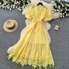 French Romantic Style Bubble Sleeve Lace Dress Women's Summer Lace-up Skin-friendly and Breathable Waist A-shaped Long Dress Temperament