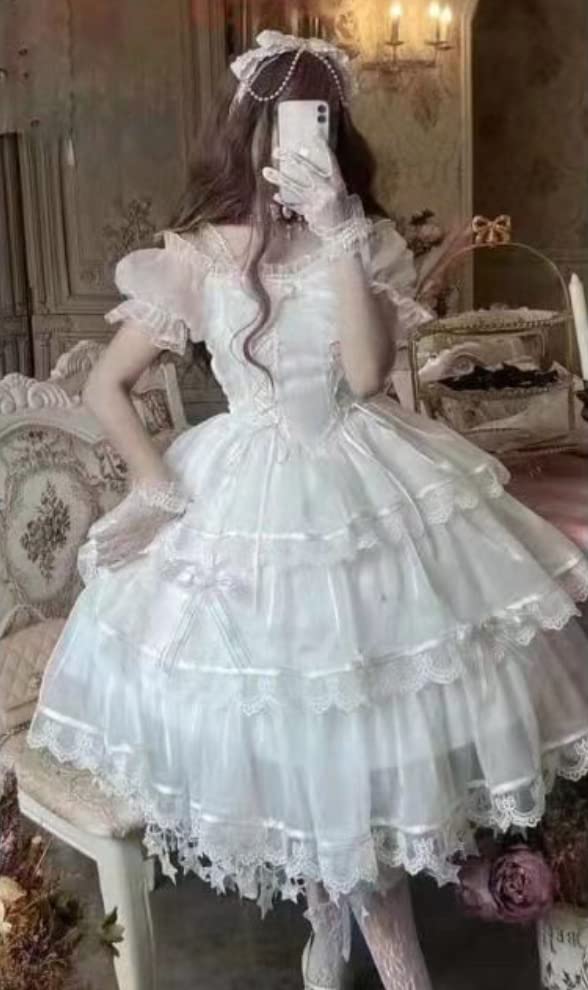 White Dress Lolita One Piece Wedding Cosplay Knee Length [Lady Lazy] (L)